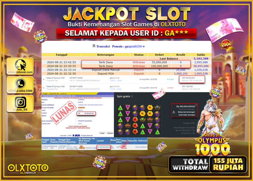 OLXTOTO JACKPOT  SLOT GATE OF OLYMPUS 1000 Rp.155.000.000.,- LUNAS