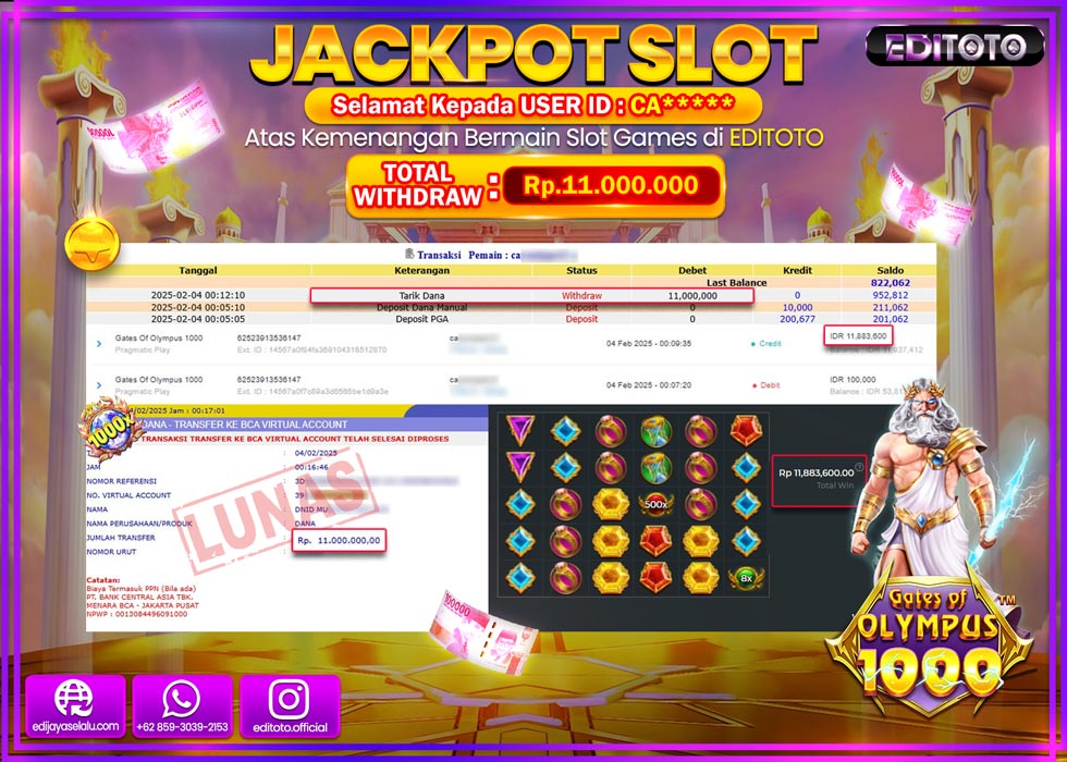 JACKPOT SLOT GATES OF OLYMPUS 1000  Rp.11.000.000.,- LUNAS