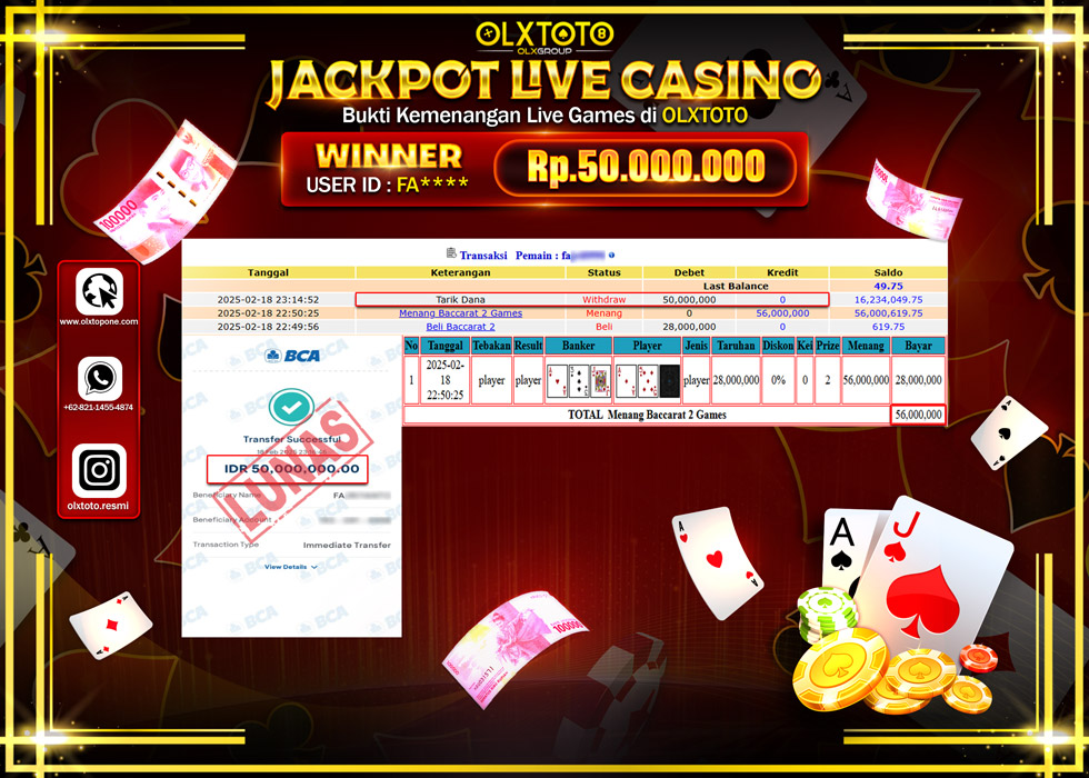 OLXTOTO JACKPOT  LIVE GAMES BACCARAT 2  Rp.50.000.000.,- LUNAS