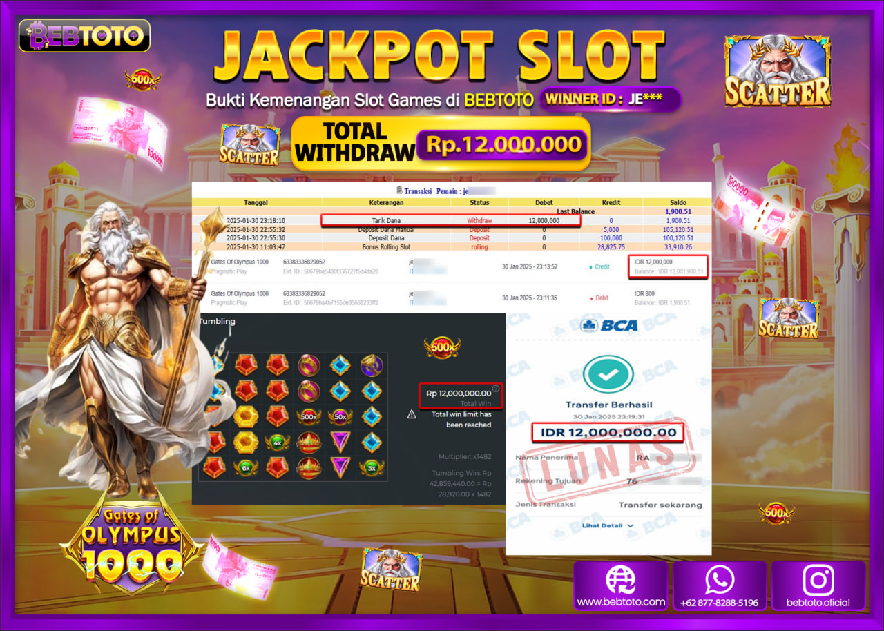 JACKPOT SLOT BEBTOTO GATES OF OLYMPUS 1000 Rp.12.000.000.,- LUNAS