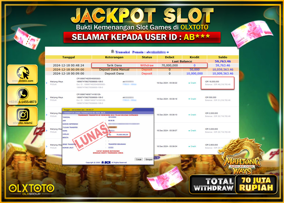 OLXTOTO JACKPOT  SLOT MAHJONG WAYS Rp.70.000.000.,- LUNAS