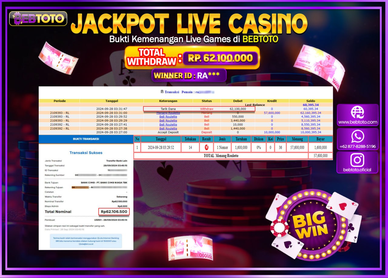 JACKPOT LIVE CASINO BEBTOTO ROULETTE Rp.62.100.000.,- LUNAS