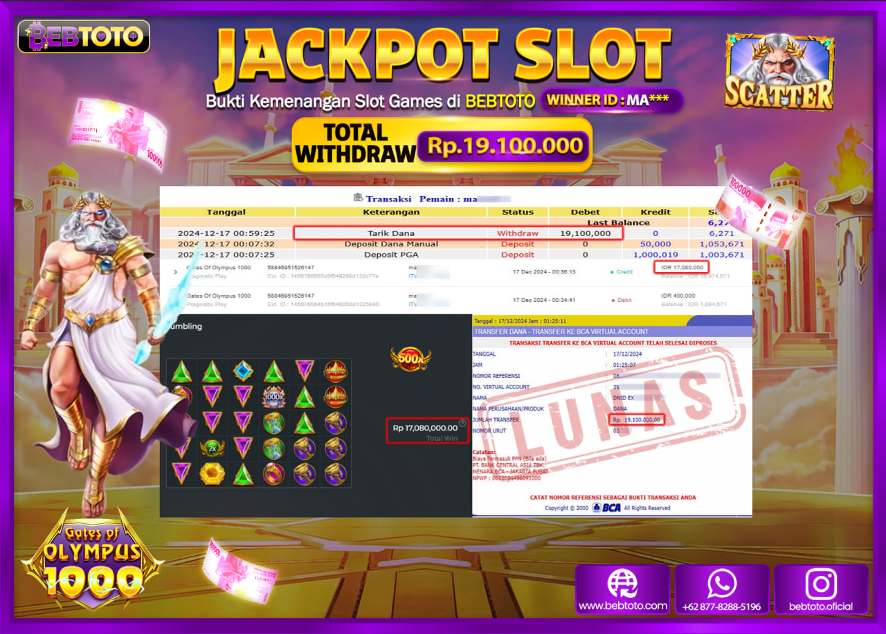 JACKPOT SLOT BEBTOTO GATES OF OLYMPUS 1000 Rp.19.100.000.,- LUNAS