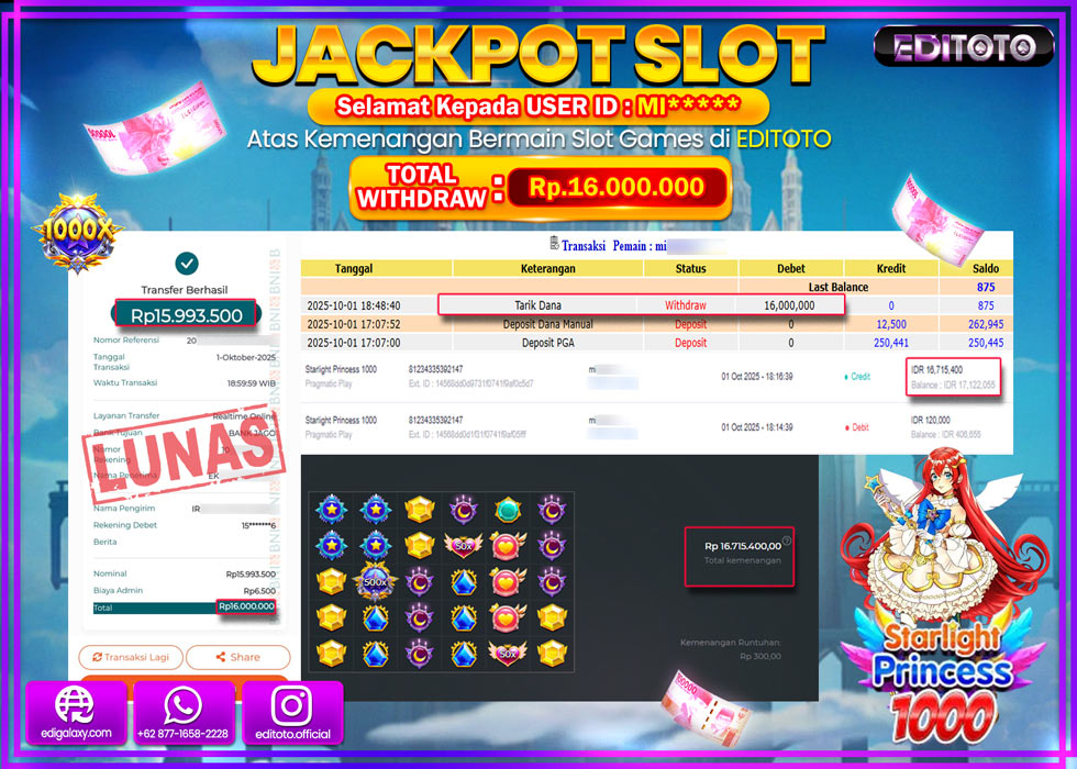 JACKPOT EDITOTO SLOT STARLIGHT PRINCESS 1000 Rp.16.000.000,- LUNAS 