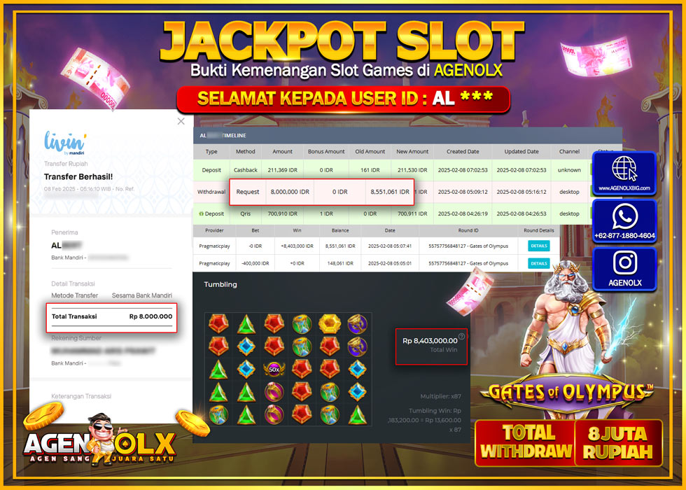 AGENOLX JACKPOT GATES OF OLYMPUS Rp 8.000.000,- LUNAS