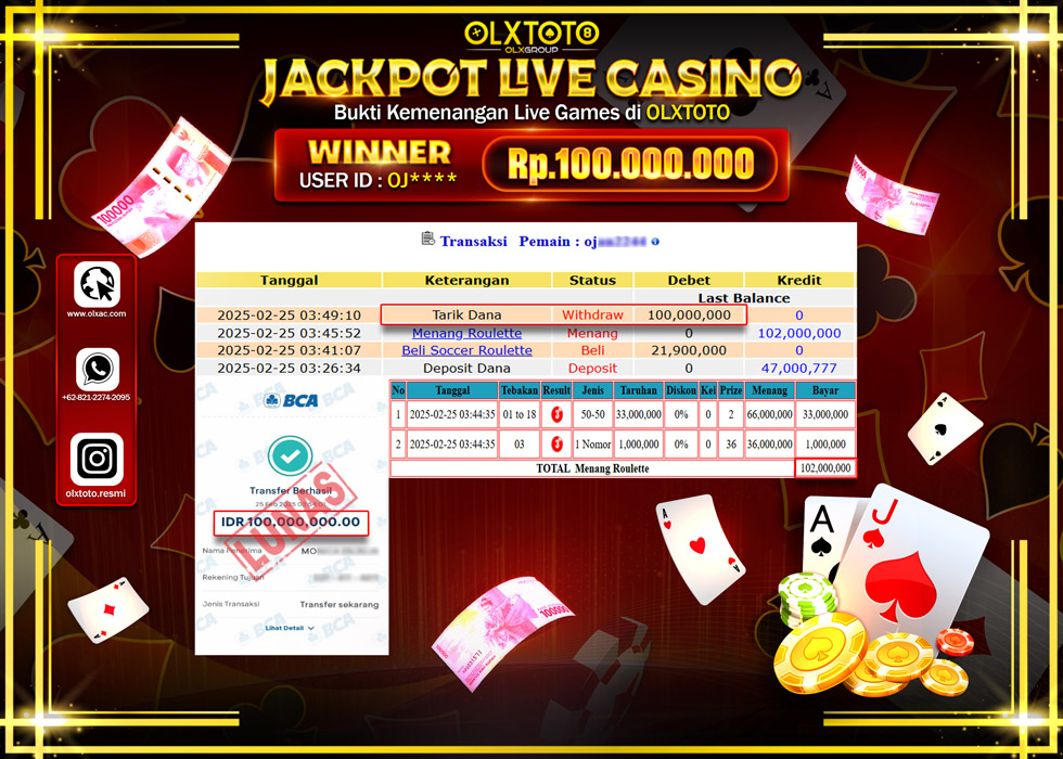 OLXTOTO JACKPOT  LIVE GAMES ROULETTE Rp.100.000.000.,- LUNAS