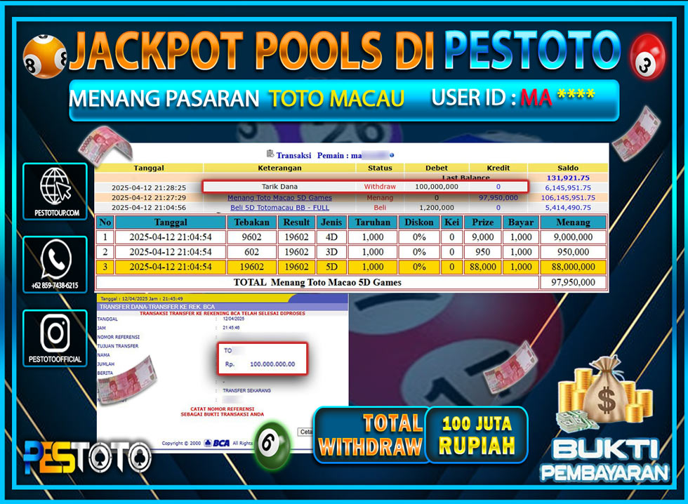 HANYA DI PESTOTO JP PASTI DI BAYAR LUNAS DAN CEPAT!!!!!! JP TOGEL { TOTO MACAU } Rp. 100.000.000!!!!!