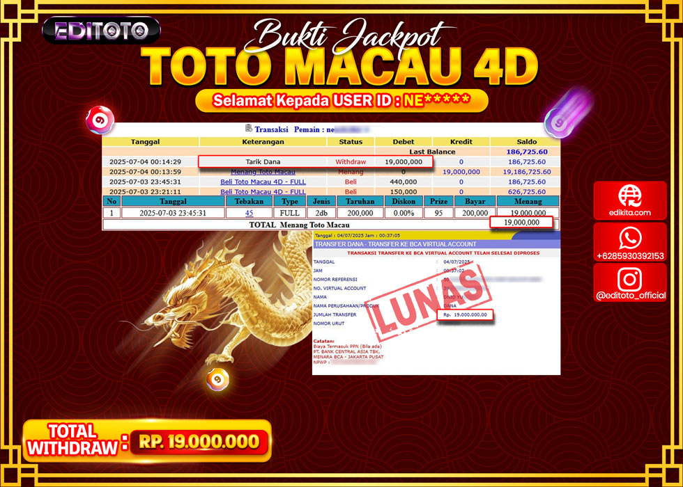 JACKPOT EDITOTO TOGEL PASARAN TOTO MACAU 4D Rp.19.000.000.,- LUNAS