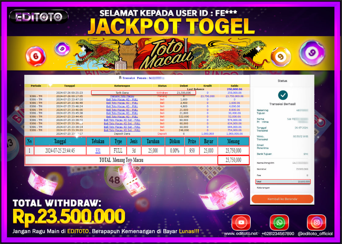 JACKPOT TOGEL TOTO MACAU POOLS Rp.23.500.000.,- LUNAS