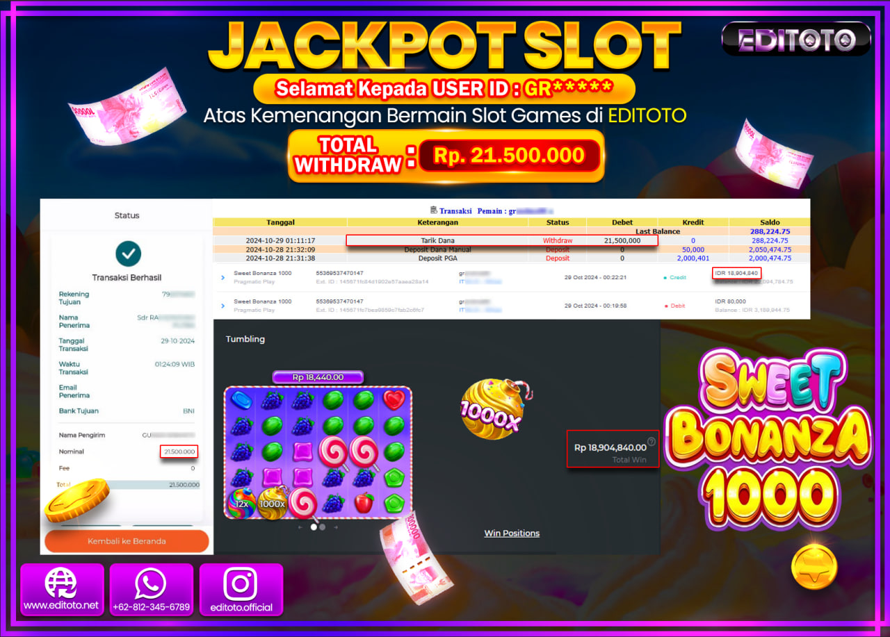 JACKPOT SLOT Sweet Bonanza 1000 Rp.21.500.000.,- LUNAS