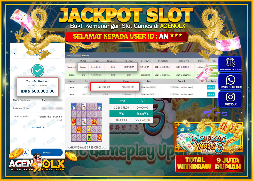 AGENOLX JACKPOT SLOT MAHJONG WAYS 3 PROVIDER PLAYSTAR Rp 9.000.000,- LUNAS