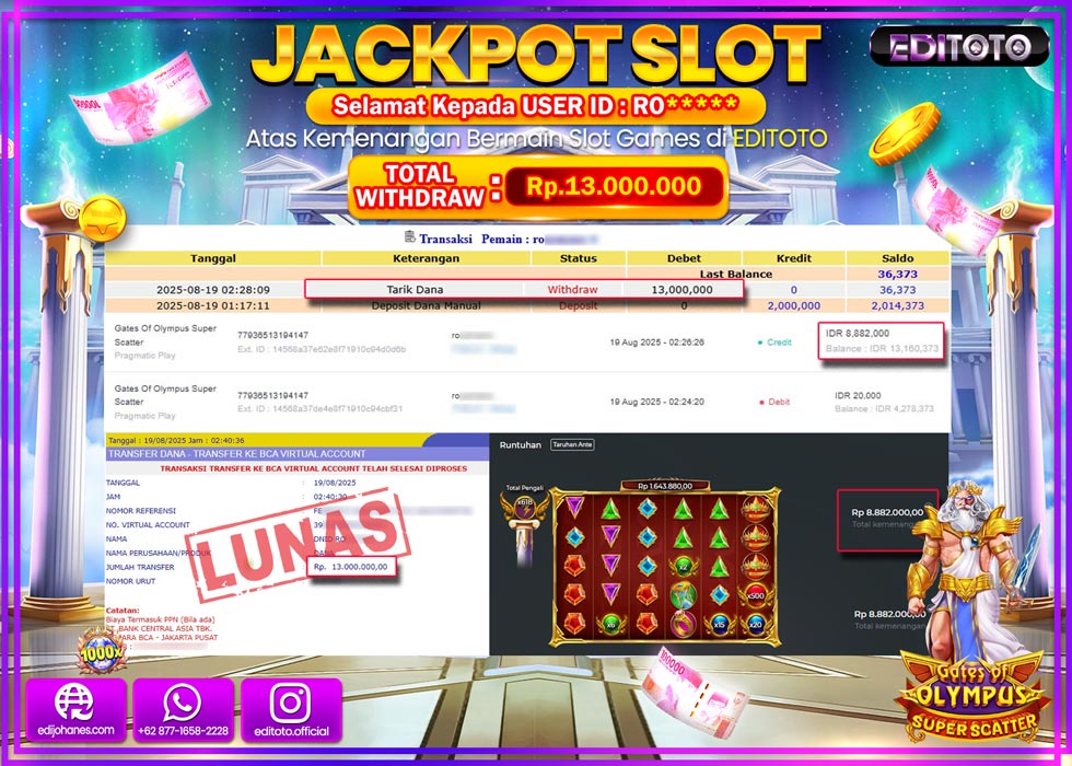 JACKPOT EDITOTO SLOT GATES OF OLYMPUS SUPER SCATTER Rp.13.000.000,- LUNAS 