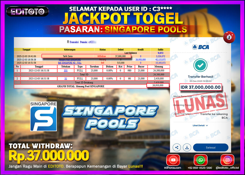 JACKPOT EDITOTO TOGEL PASARAN SINGAPORE POOLS Rp.37.000.000.,- LUNAS 