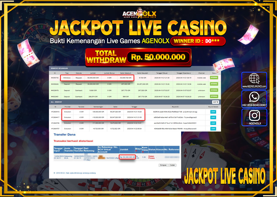 AGENOLX JACKPOT LIVE CASINO BACCARAT Rp 50.000.000,- LUNAS