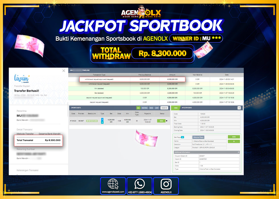 AGENOLX JACKPOT  SPOORTBOOK   Rp 8.300.000,- LUNAS