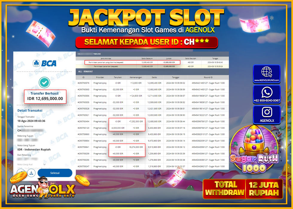 AGENOLX JACKPOT SLOT SUGAR RUSH 1000 Rp.12.695.000,- LUNAS