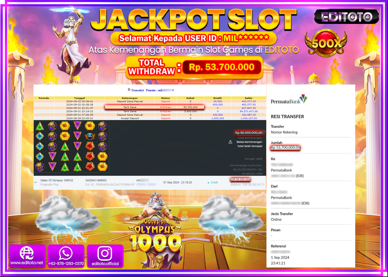 JACKPOT SLOT GATES OF OLYMPUS 1000   Rp.53.700.000.,- LUNAS