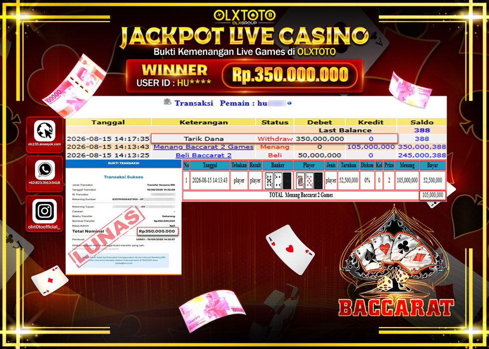 LUNATOGEL JACKPOT LIVE GAMES BACCARAT Rp.350.000.000,- LUNAS