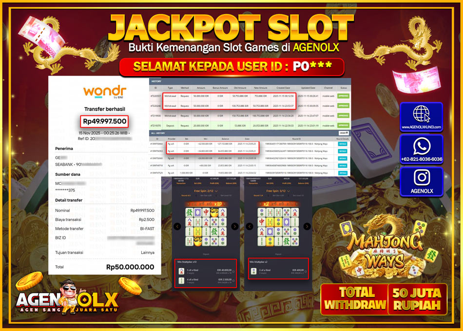 AGENOLX JACKPOT SLOT MAHJONG WAYS   Rp 50,000,000,- LUNAS