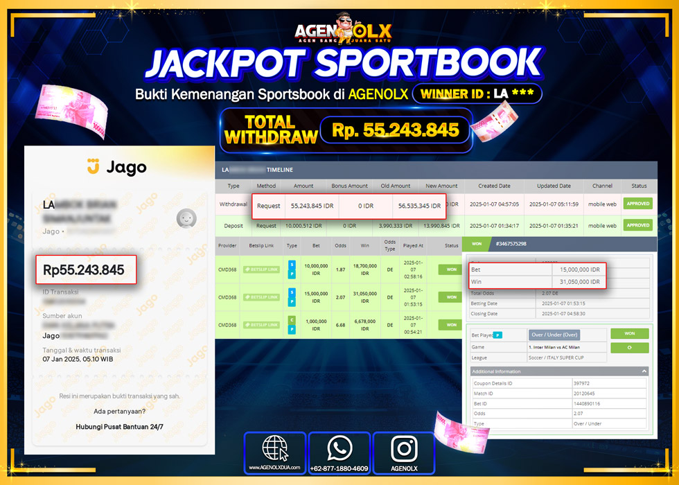 AGENOLX JACKPOT SPORTBOOK Rp 55.243.845,- LUNAS