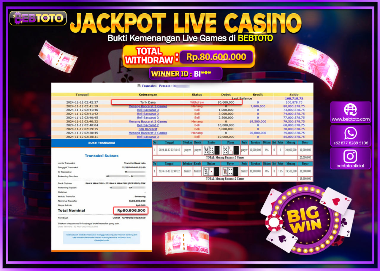 JACKPOT LIVE CASINO BEBTOTO BACCARAT Rp.80.600.000.,- LUNAS
