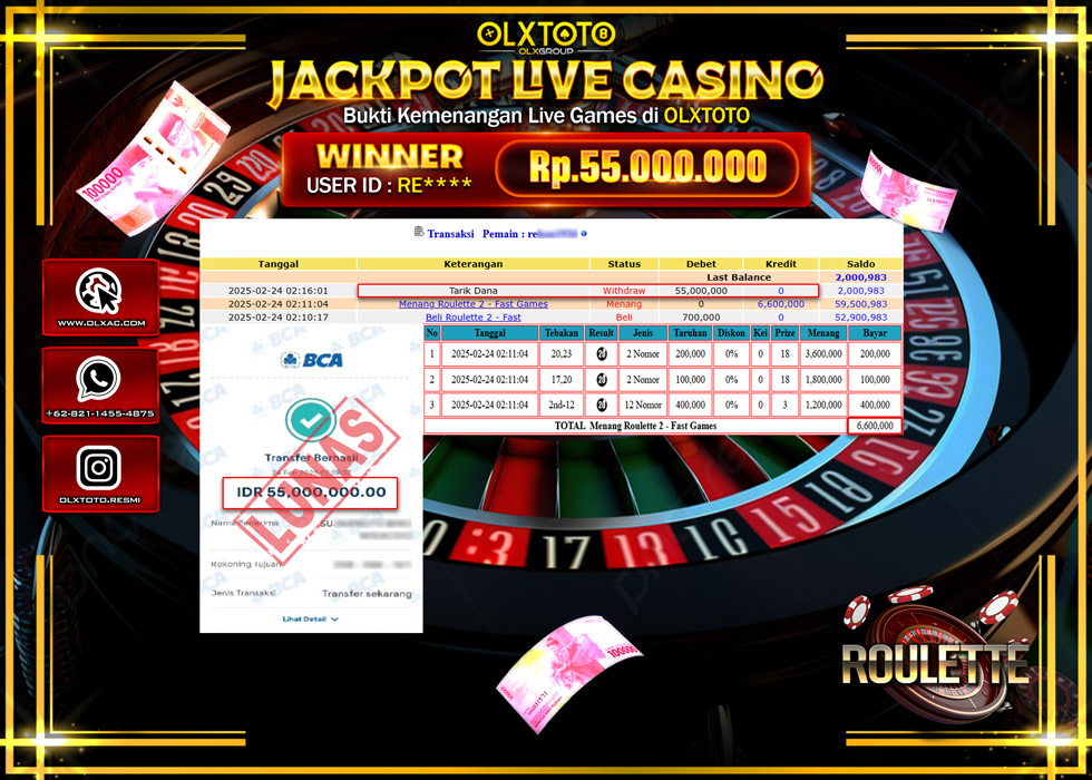OLXTOTO JACKPOT  LIVE GAMES ROULETTE Rp.55.000.000.,- LUNAS