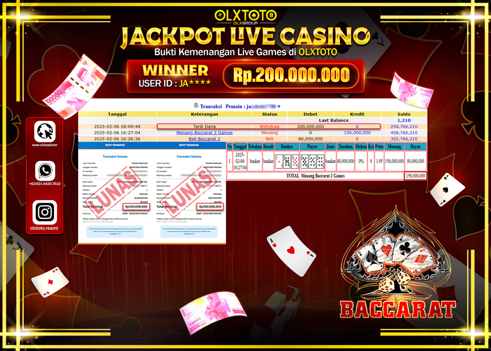 OLXTOTO JACKPOT  LIVE GAMES BACCARAT Rp.200.000.000.,- LUNAS