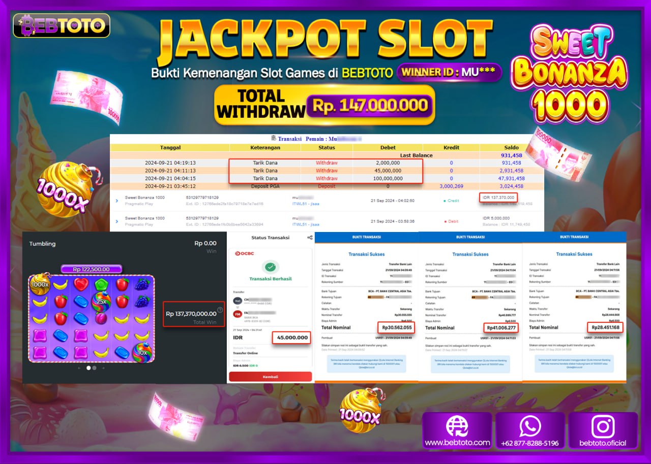 JACKPOT SLOT BEBTOTO SWEET BONANZA 1000 Rp.147.000.000.,- LUNAS