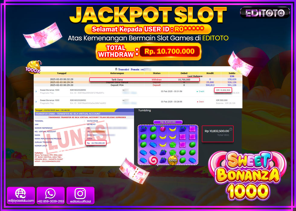 JACKPOT SLOT SWEET BONANZA 1000  Rp.10.700.000.,- LUNAS