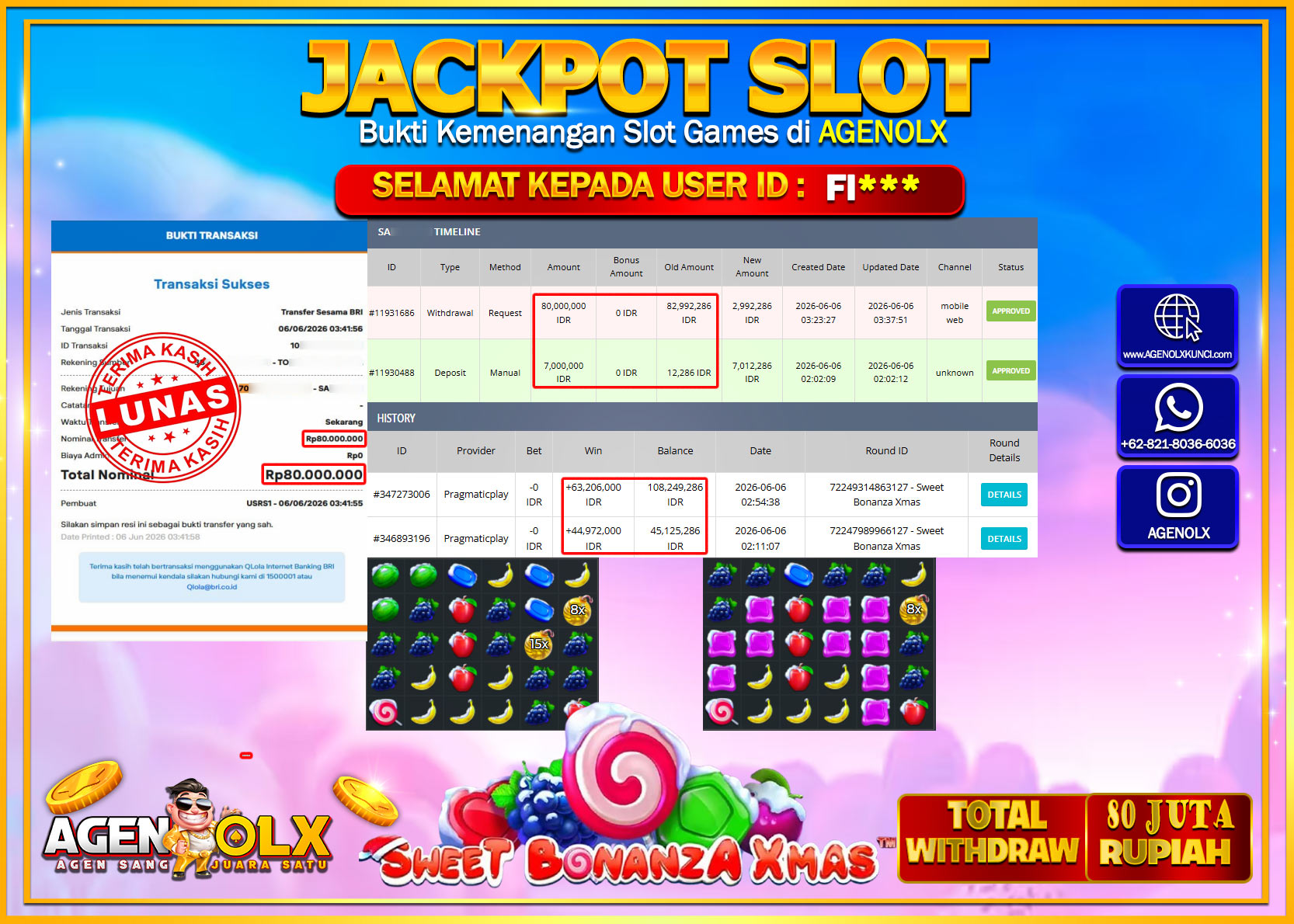 AGENOLX JACKPOT SLOT SWEET BONANZA XMAS Rp 80.000.000- LUNAS