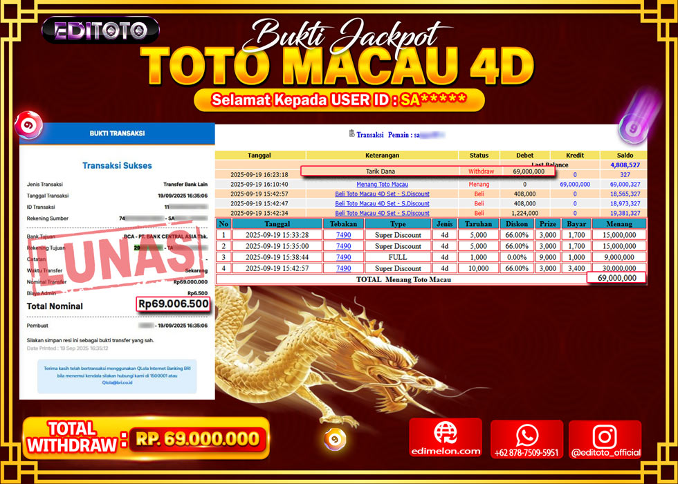 JACKPOT EDITOTO TOGEL PASARAN TOTO MACAU 4D Rp.69.000.000.,- LUNAS