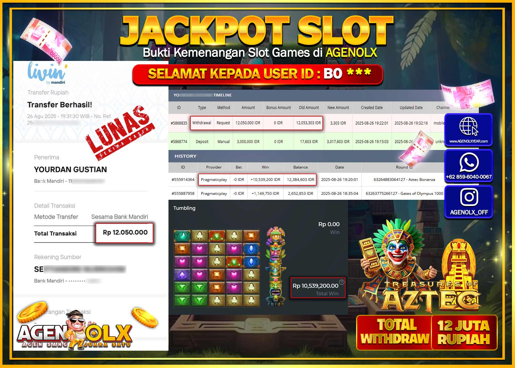 AGENOLX JACKPOT SLOT AZTEC BONANZA Rp 12,050,000,- LUNAS