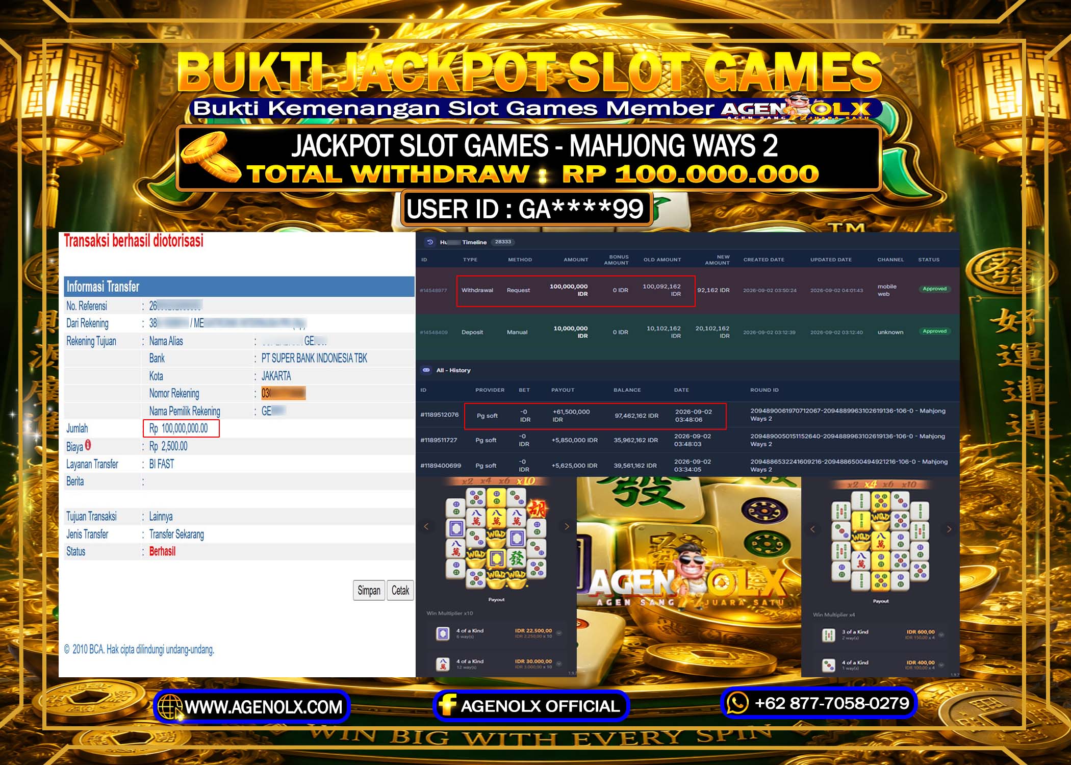 AGENOLX JACKPOT SLOT MAHJONG WAYS 2  100,000 ,000 -LUNAS