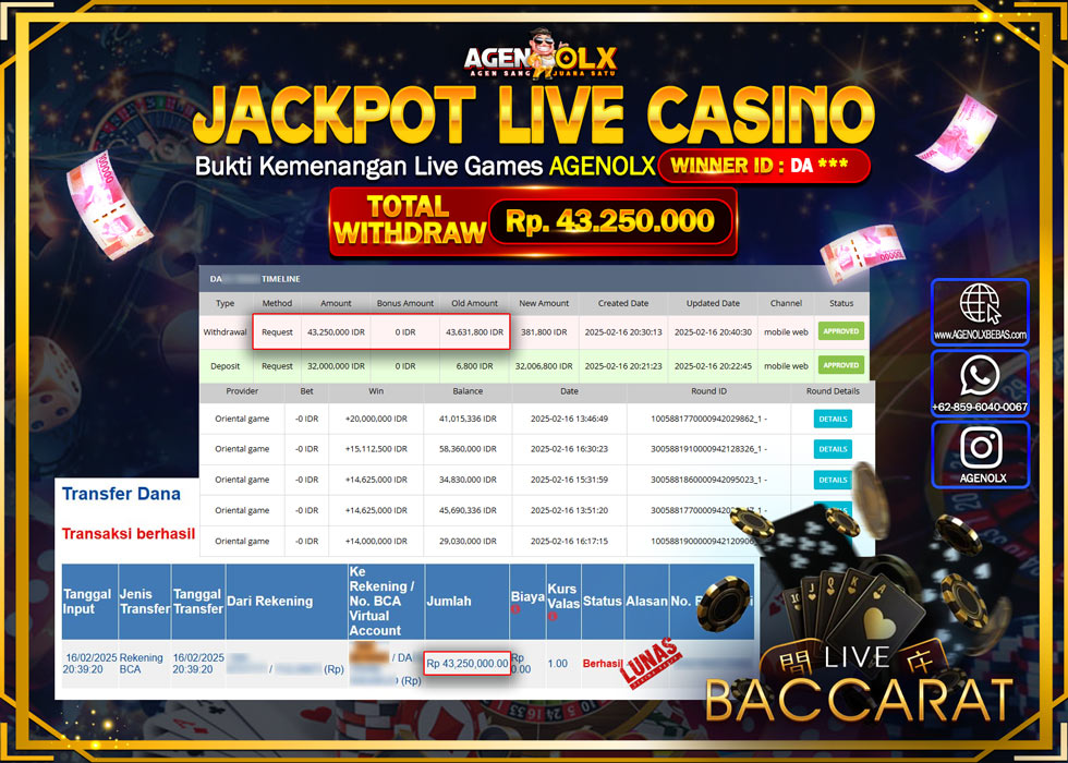 AGENOLX JACKPOT LIVE GAMES BACCARAT  Rp 43.250.000,- LUNAS
