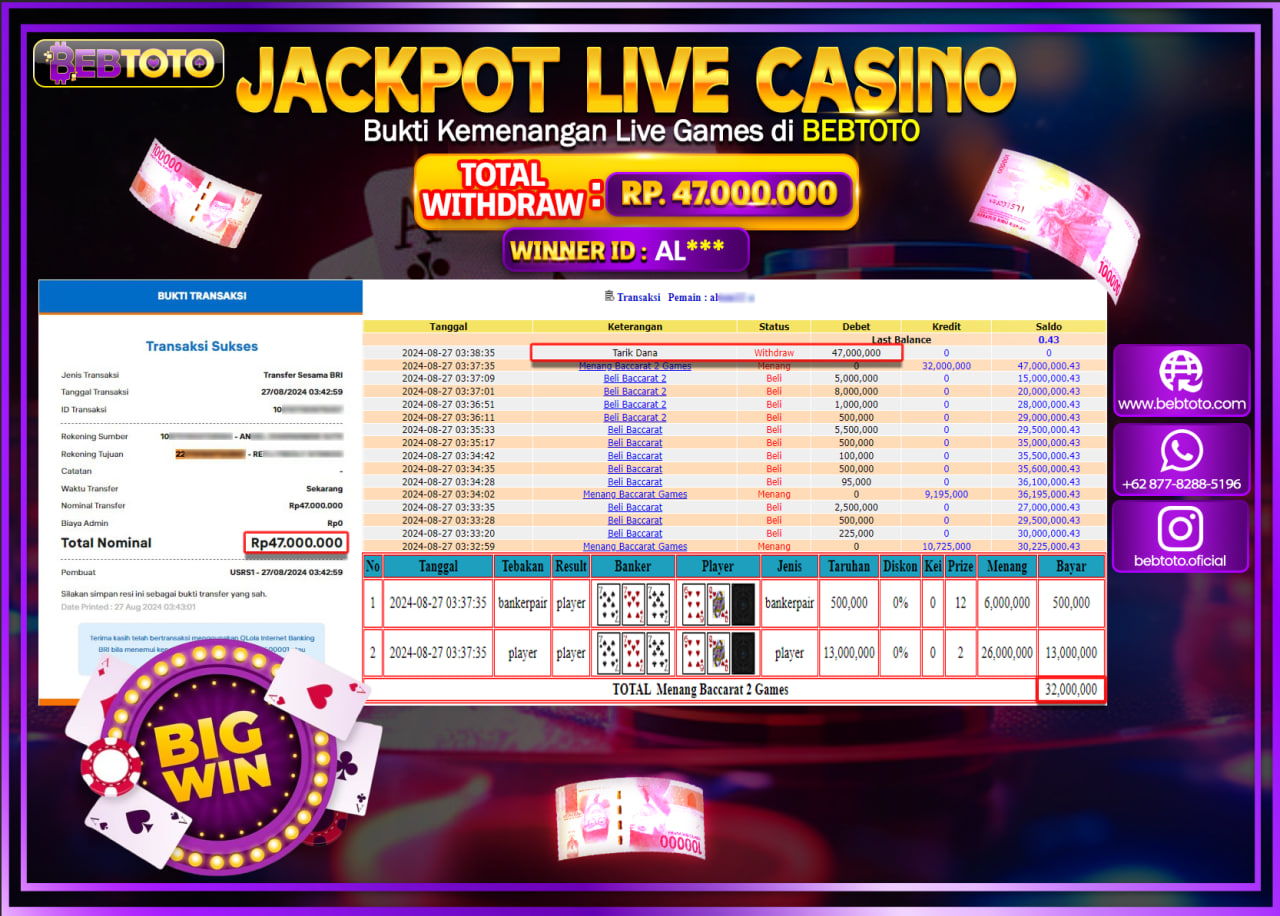 JACKPOT LIVE CASINO BEBTOTO BACCARAT Rp.47.000.000.,- LUNAS