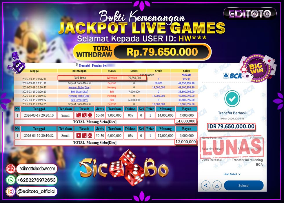 JACKPOT EDITOTO LIVE GAMES SICBO DICE Rp. 79.650.000.,- LUNAS
