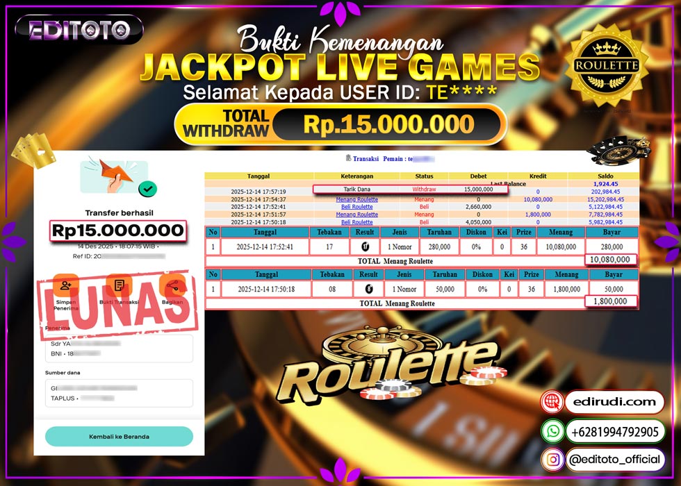 JACKPOT EDITOTO LIVE GAMES ROULETTE Rp. 15.000.000.,- LUNAS
