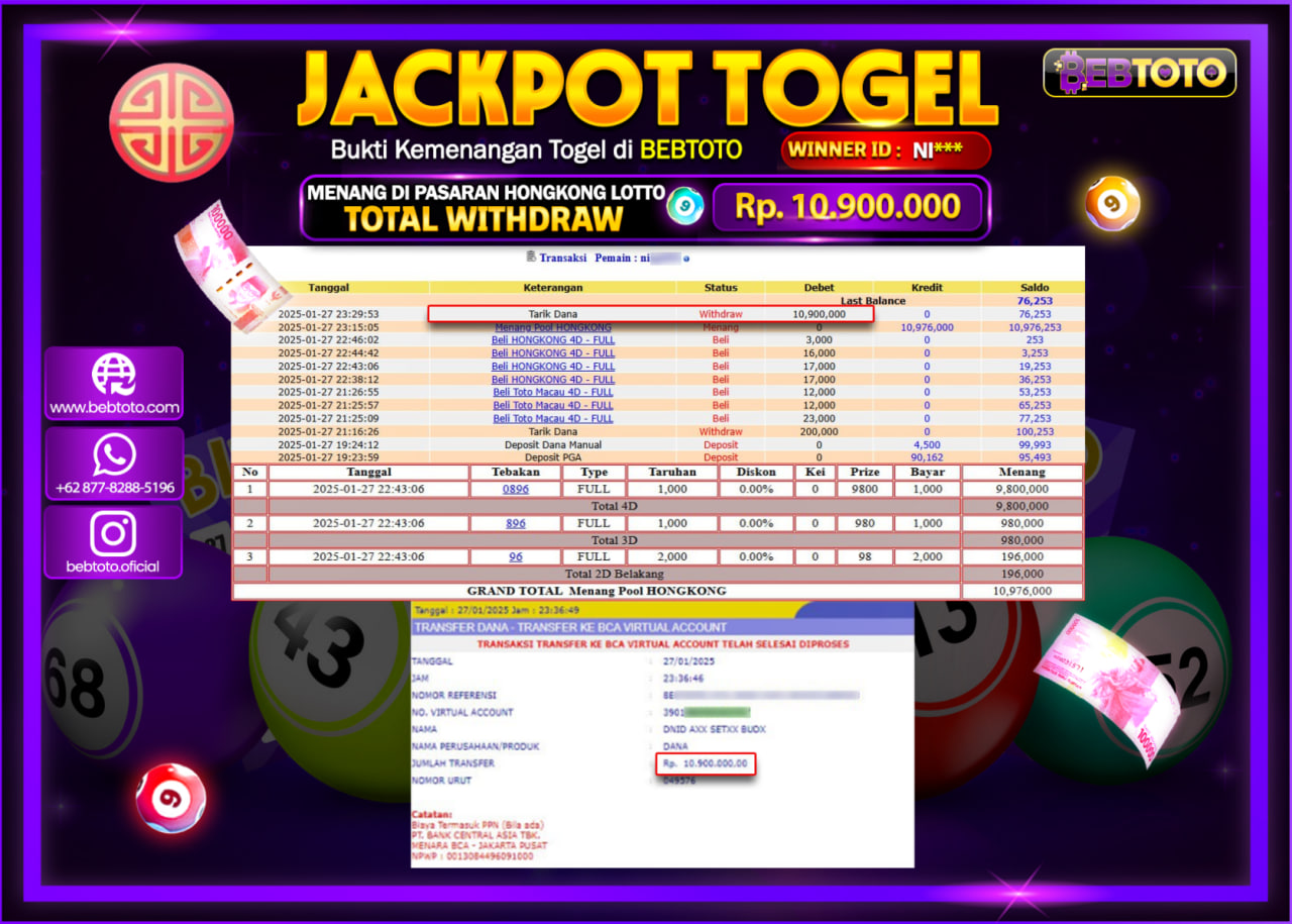 JACKPOT TOGEL BEBTOTO HONGKONG LOTTO 5D  Rp.10.900.000.,- LUNAS