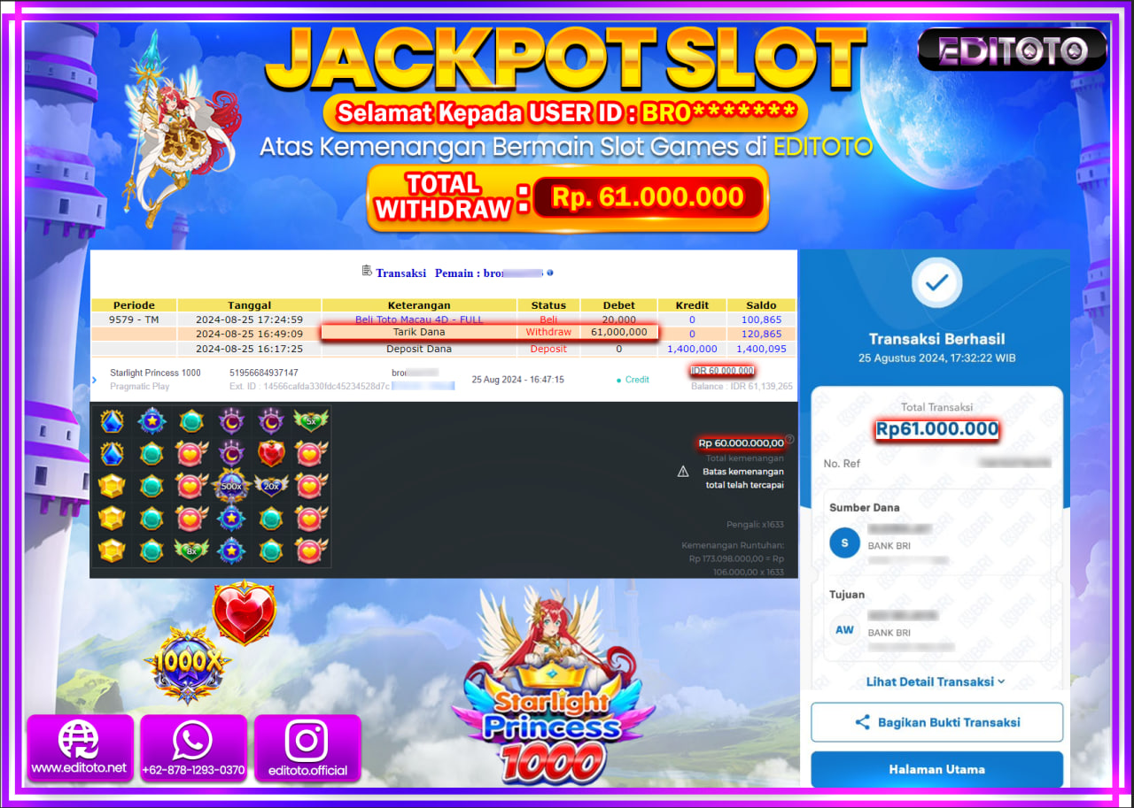 JACKPOT SLOT STARLIGHT PRINCESS 1000  Rp.61.000.000.,- LUNAS