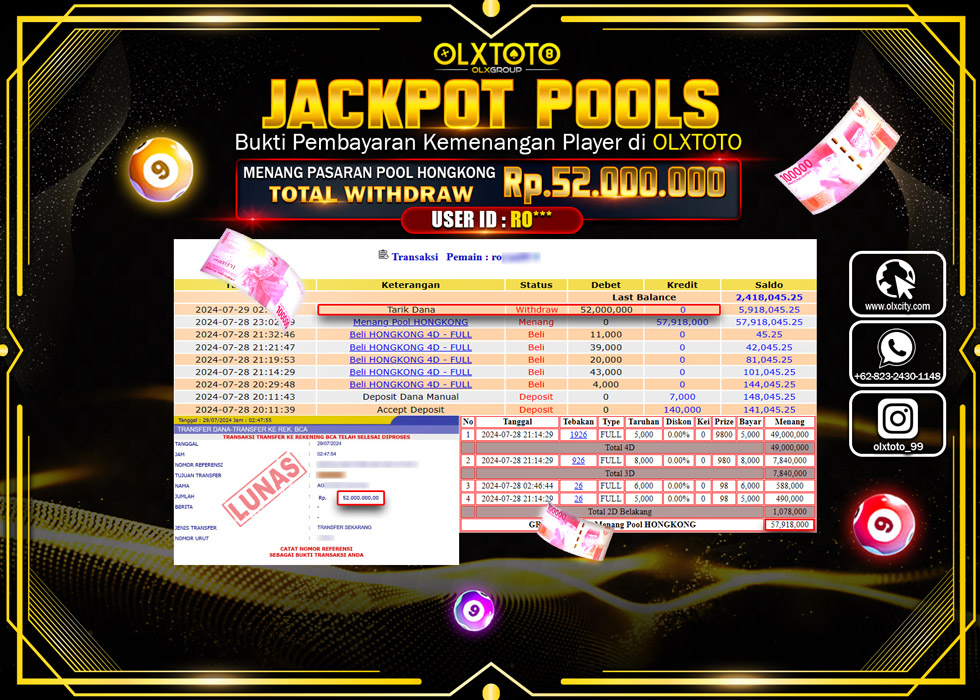 OLXTOTO JACKPOT  TOGEL POOL HONGKONG Rp.52.000.000.,- LUNAS
