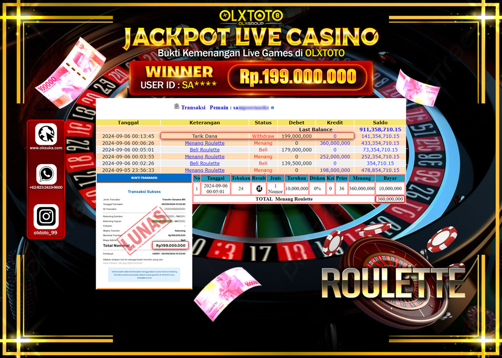 OLXTOTO JACKPOT  LIVE GAMES ROULETTE  Rp.199.000.000.,- LUNAS