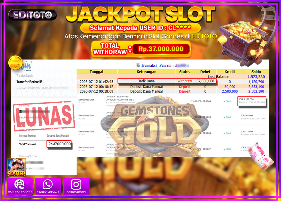 JACKPOT EDITOTO SLOT GAMESTONE GOLD Rp.37.000.000,- LUNAS