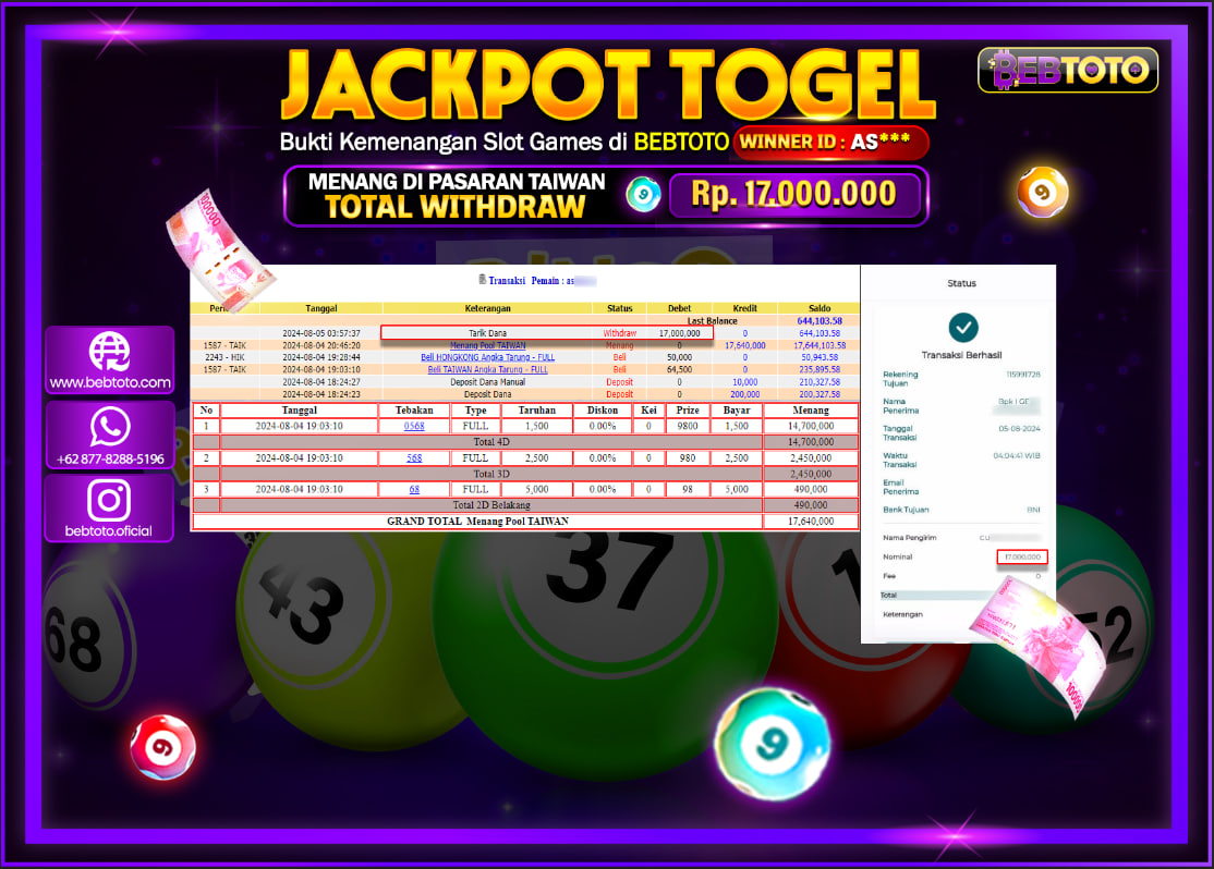 JACKPOT TOGEL BEBTOTO TAIWAN POOLS Rp.17.000.000.,- LUNAS