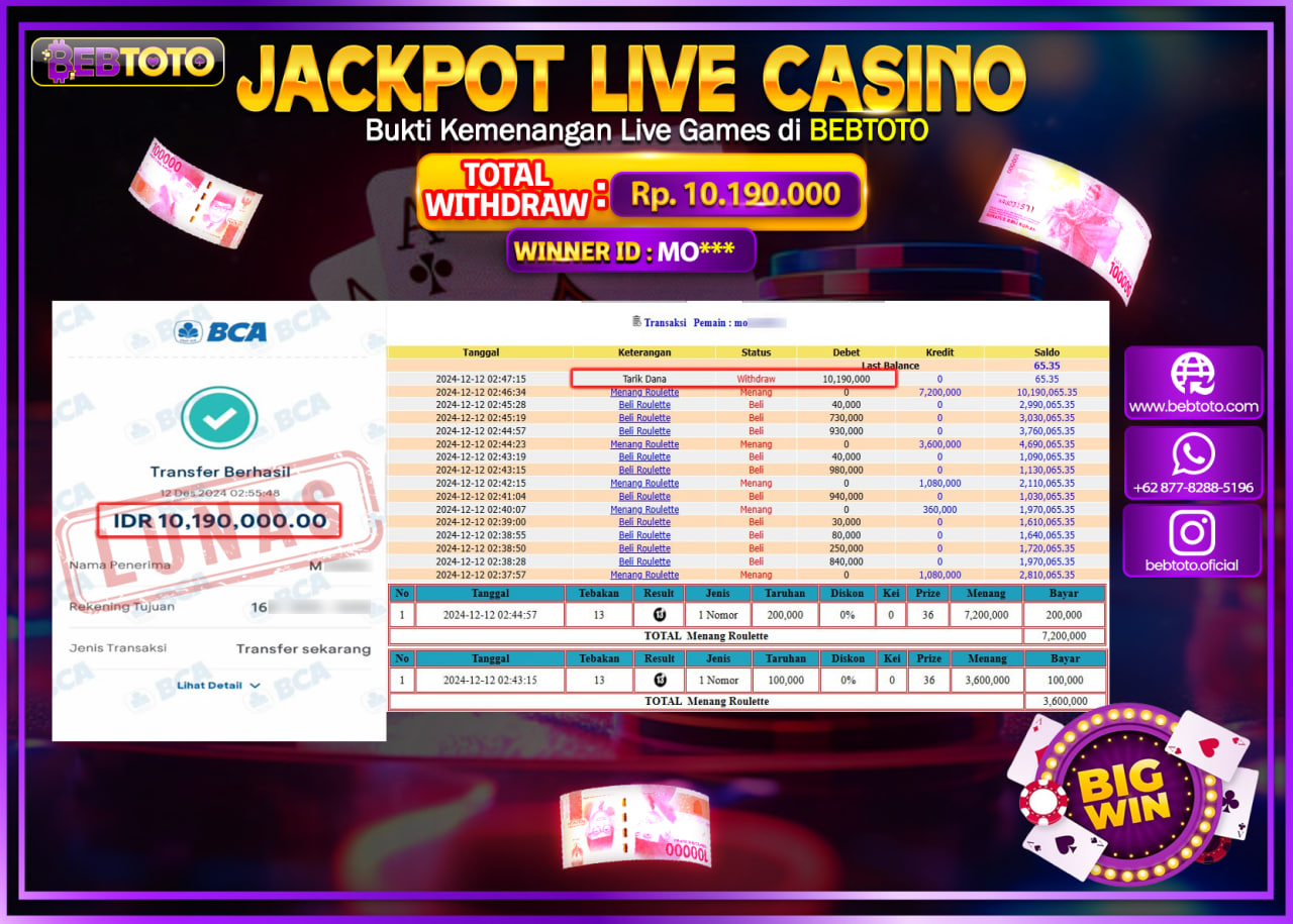 JACKPOT LIVE CASINO BEBTOTO ROULETTE Rp.10.190.000.,- LUNAS