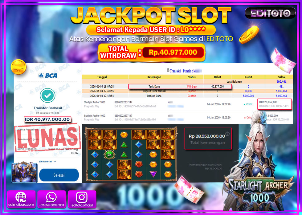 JACKPOT EDITOTO SLOT STARLIGHT ARCHER 1000  Rp.40.977.000,- LUNAS  
