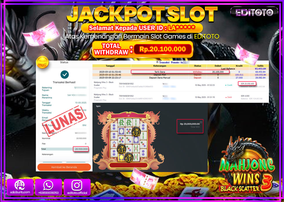JACKPOT EDITOTO SLOT MAHJONG WINS 3 BLACK SCATER Rp.20.100.000,- LUNAS