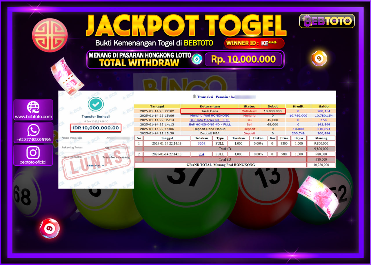 JACKPOT TOGEL BEBTOTO HONGKONG LOTTO Rp.10.000.000.,- LUNAS