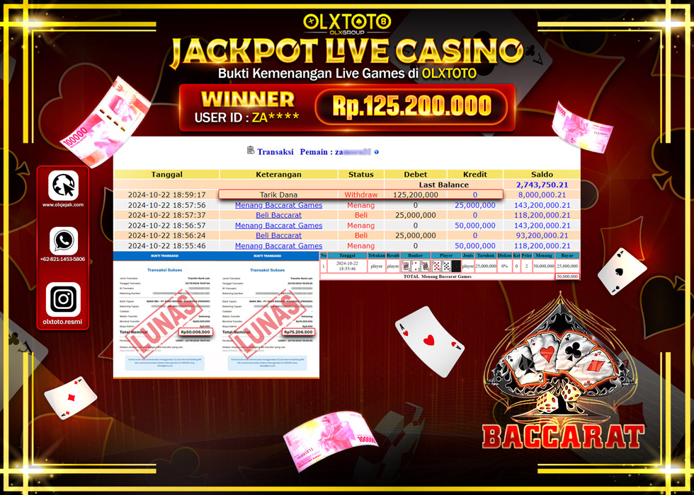 OLXTOTO JACKPOT  LIVE GAMES BACCARAT   Rp.125.200.000.,- LUNAS