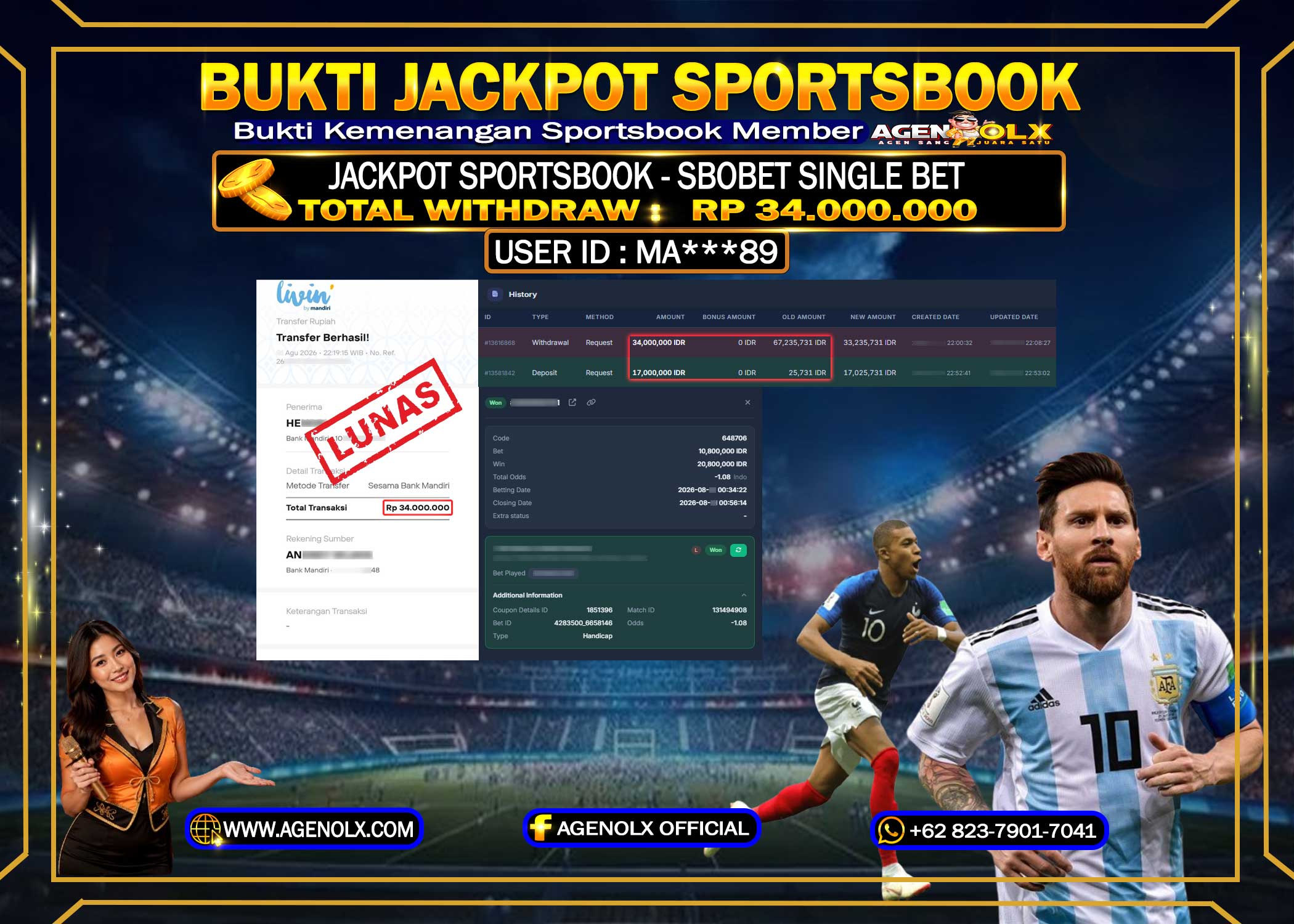 AGENOLX JACKPOT SPORTBOOK SBOBET  Rp 34.000.000 -LUNAS