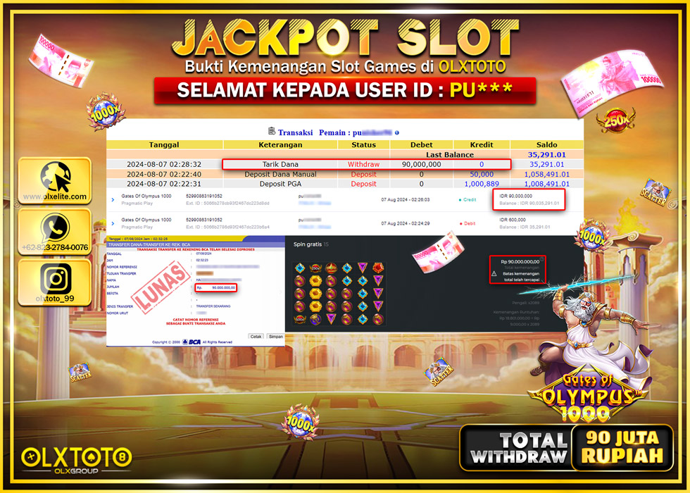 OLXTOTO JACKPOT  SLOT GATES OF OLYMPUS 1000 Rp.90.000.000.,- LUNAS